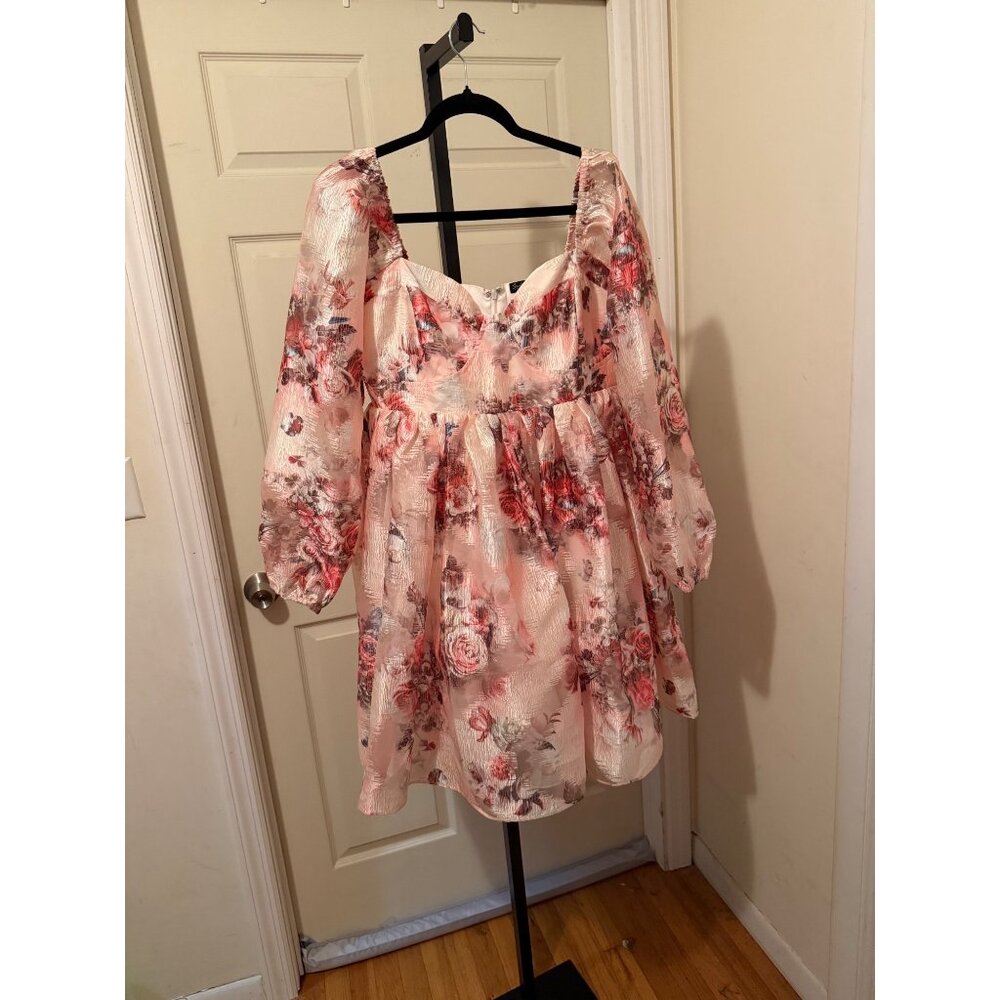 Smak Parlour Allover Vintage Floral Puff Sleeve Mini Dress Blush Pink Size 1X - Picture 3 of 9